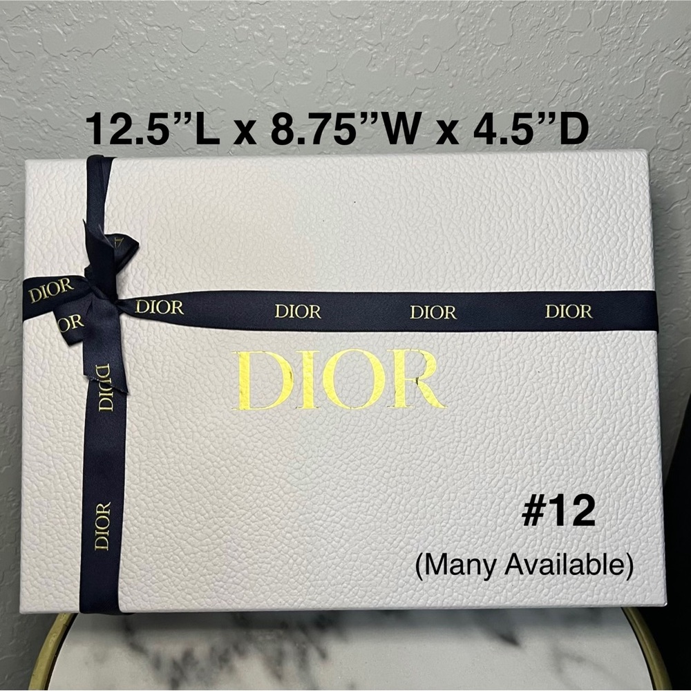 DIOR White Gift Box, Gold Logo with Blue & White Ribbon, Empty Gift Box